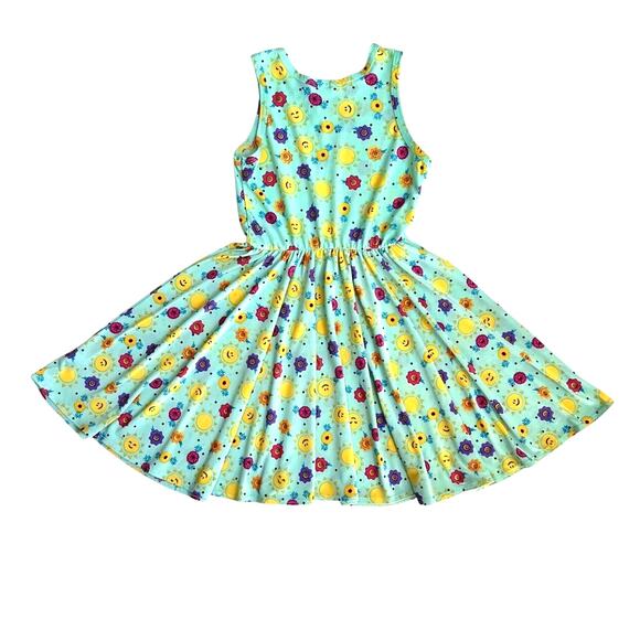 Dot Dot Smile Twirly Tank Dress 3-4 Aqua Sun Flower Print Sleeveless - Picture 2 of 5